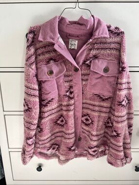 Hippie Rose Pink Plush Teddy Shacket with Corduroy Trim